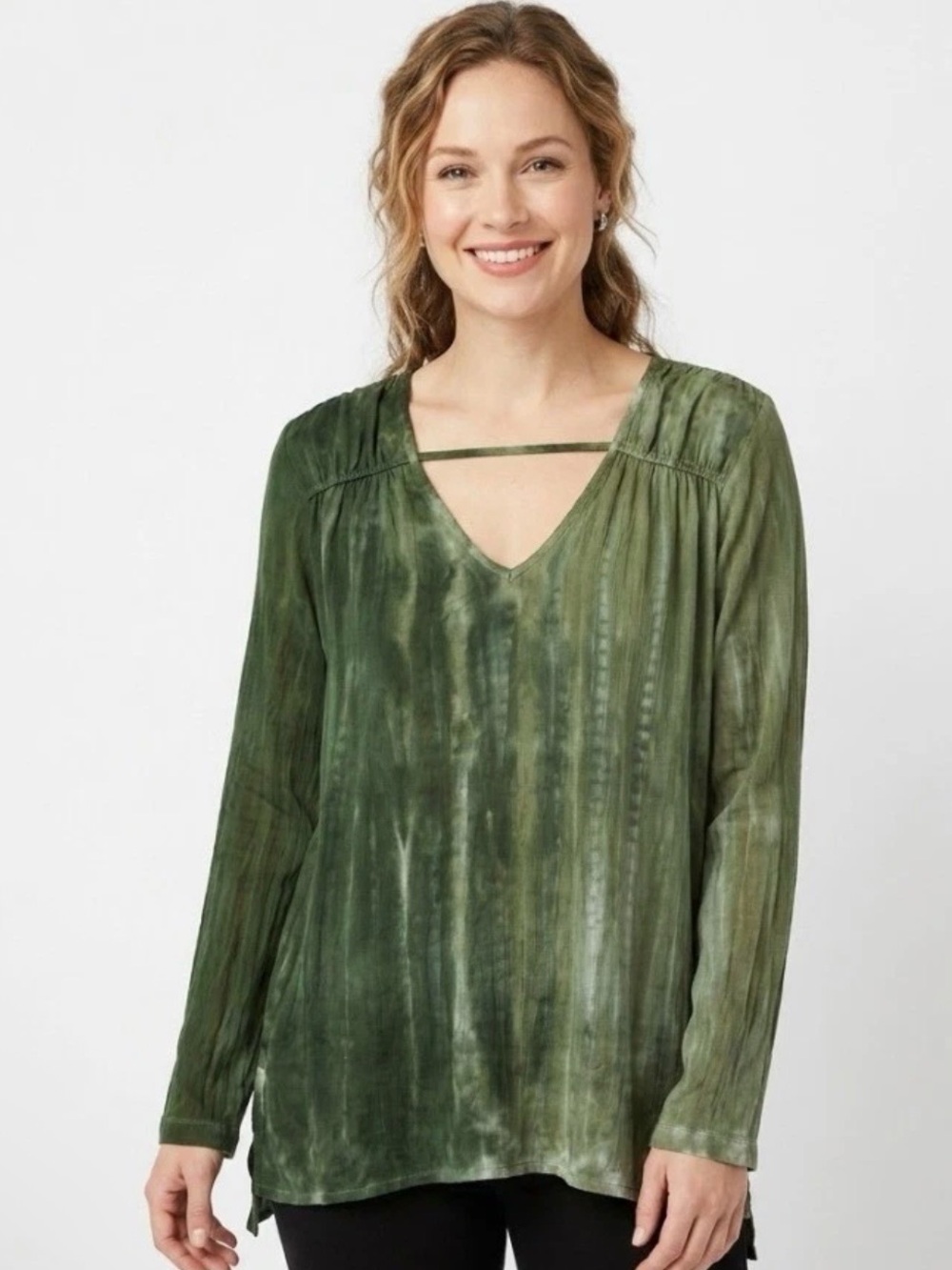 Mind Set by‎ XCVI Women's Long Sleeve Lagenlook Blouse Tie Dye Green Medium